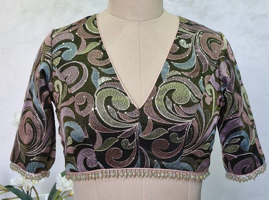 Deep Olive Green Embroidered Tissue Silk Blouse DVBL_428