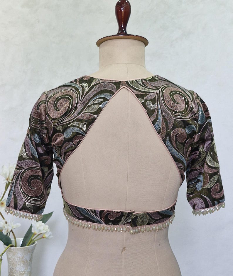 Deep Olive Green Embroidered Tissue Silk Blouse DVBL_428