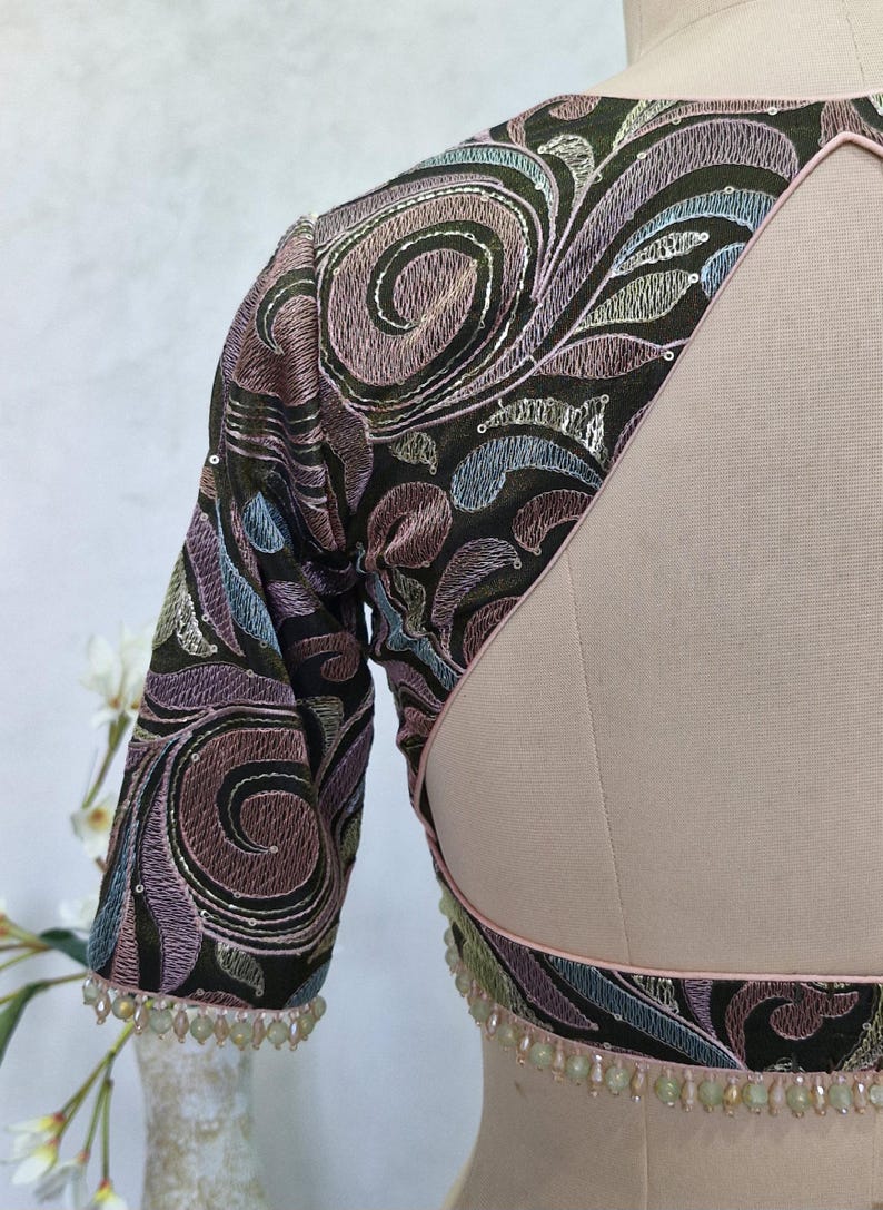 Deep Olive Green Embroidered Tissue Silk Blouse DVBL_428