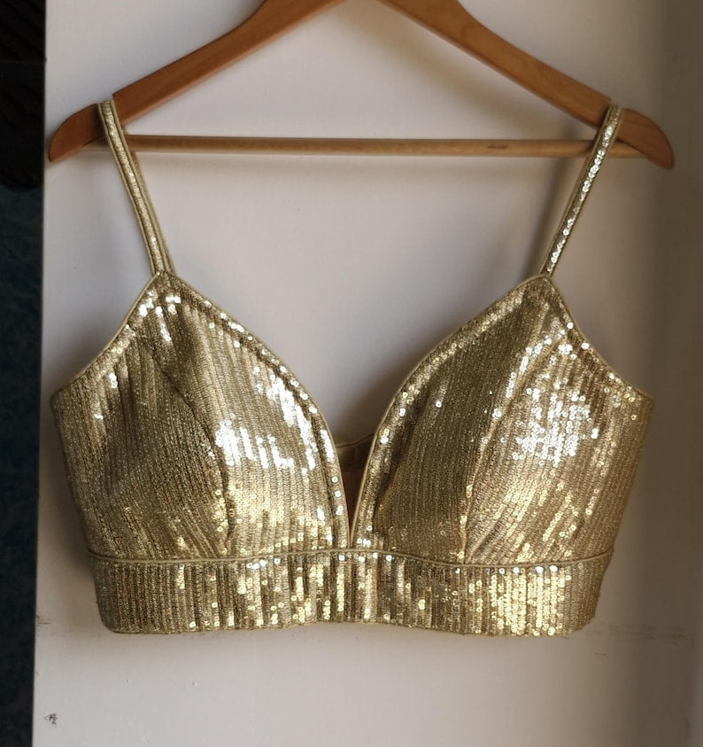 Gold Sequins Embroidered Spaghetti Blouse DVBL_421