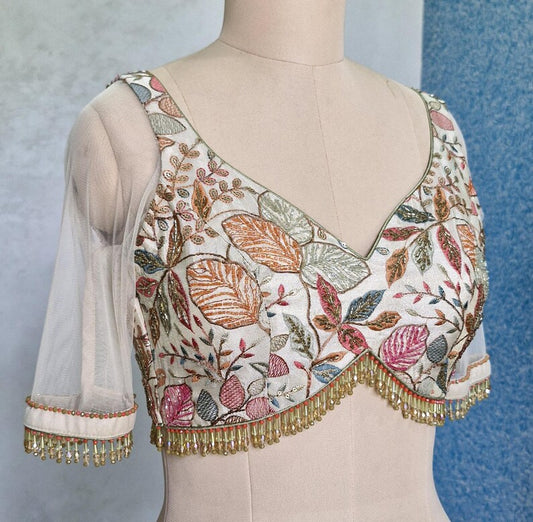 Hand Embroidered Cream Tissue Silk Blouse DVBL_422
