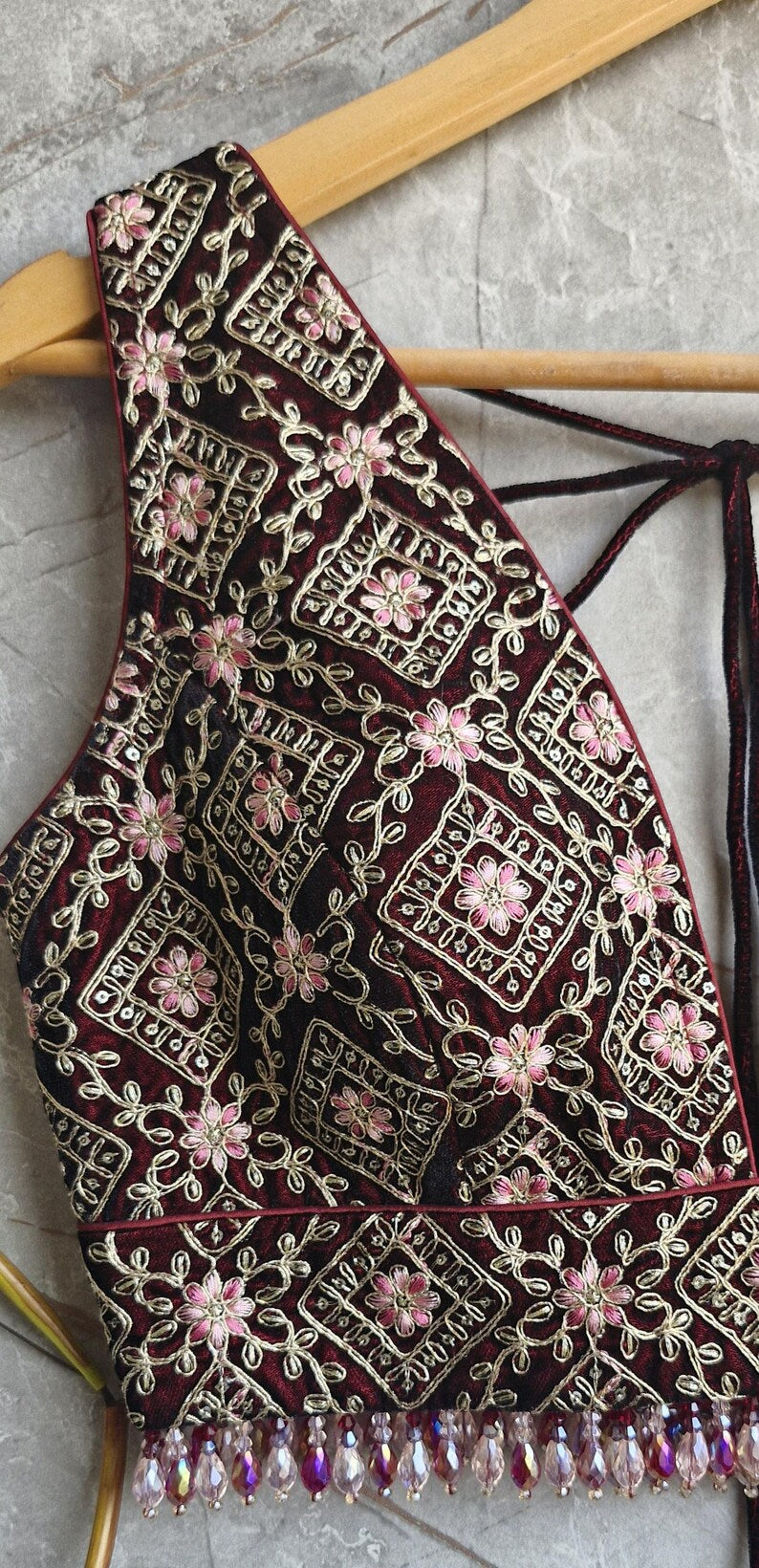 Maroon Embroidered Velvet Plunge Neckline Blouse DVBL_424