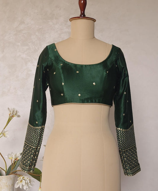 Green Embroidered Gajji Silk Scoop Neck Blouse DVBL_425