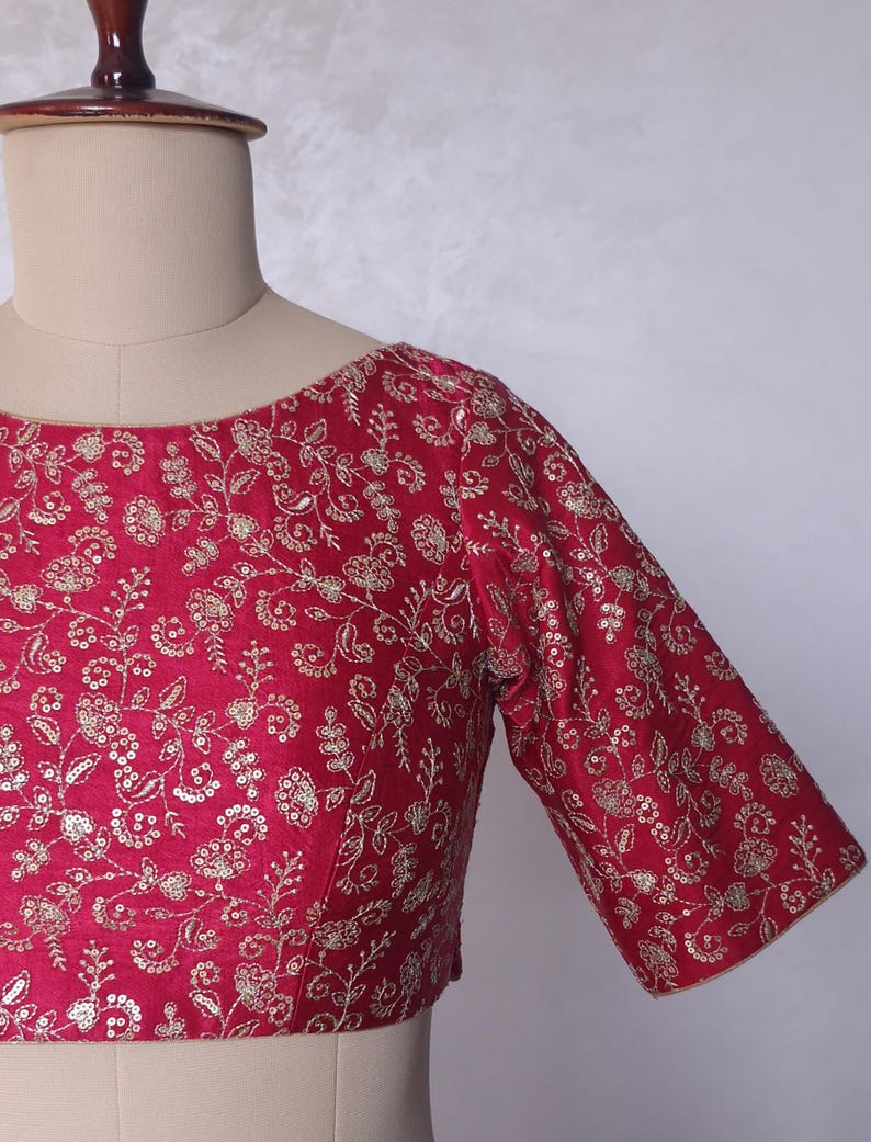 Deep Rani Pink Embroidered Gajji Silk Boat Neck Blouse DVBL_426