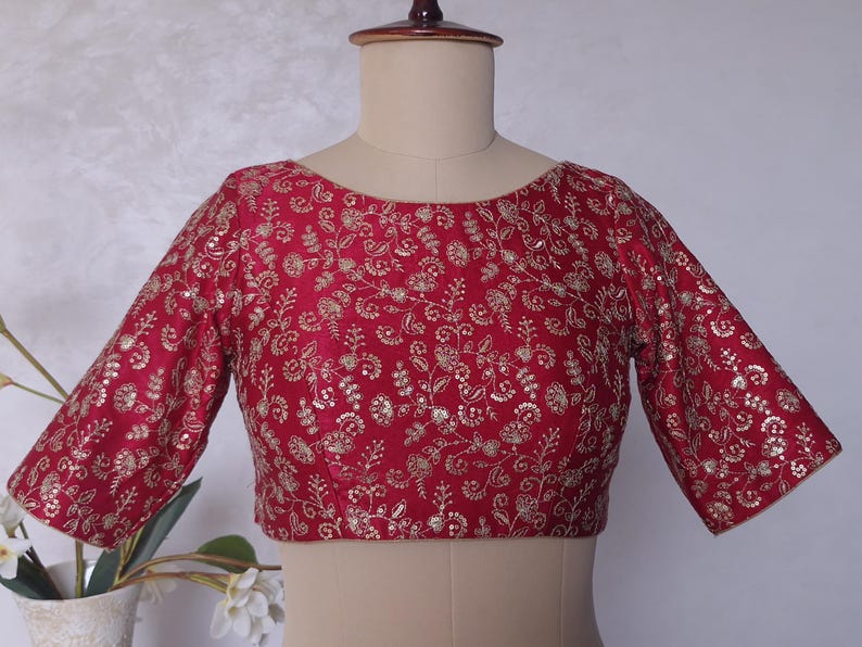 Deep Rani Pink Embroidered Gajji Silk Boat Neck Blouse DVBL_426