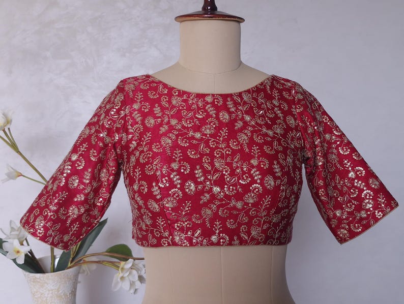 Deep Rani Pink Embroidered Gajji Silk Boat Neck Blouse DVBL_426