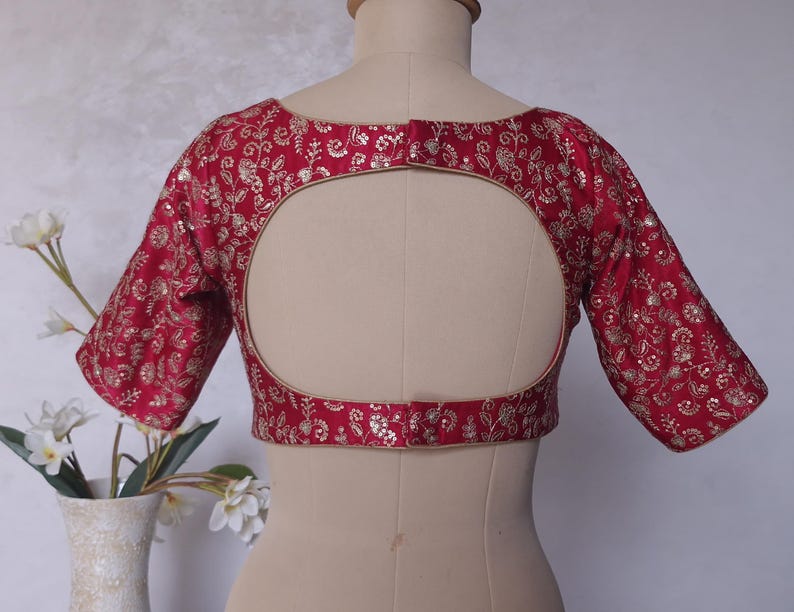 Deep Rani Pink Embroidered Gajji Silk Boat Neck Blouse DVBL_426