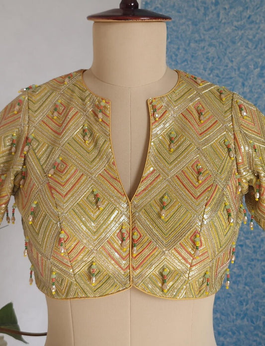 Yellow Multicolor Embroidered Georgette V Neck Blouse DVBL_427