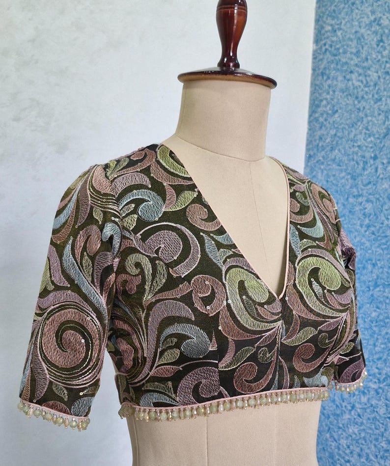 Deep Olive Green Embroidered Tissue Silk Blouse DVBL_428