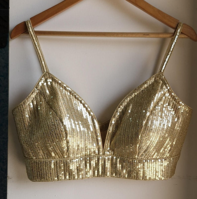 Gold Sequins Embroidered Spaghetti Blouse DVBL_421