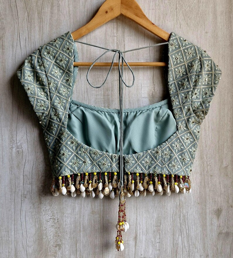 Sage Grey Embroidered Georgette Saree Blouse, Beads Fringes, Cap Sleeves DVBL_493