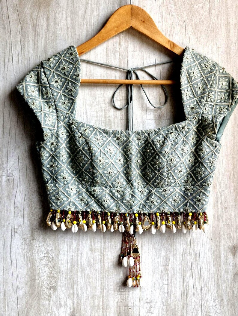 Sage Grey Embroidered Georgette Saree Blouse, Beads Fringes, Cap Sleeves DVBL_493