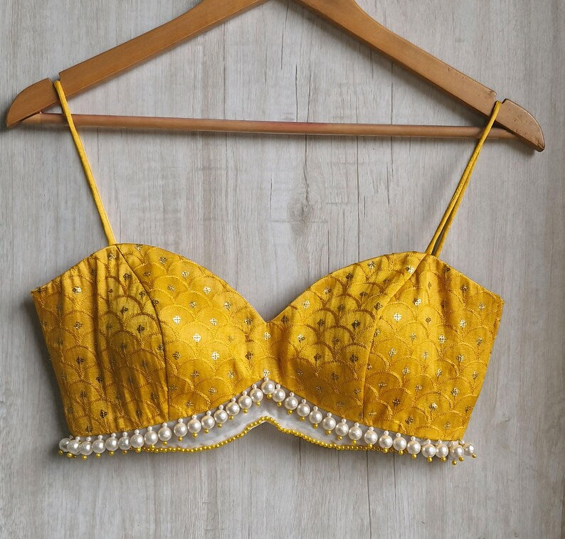 Mustard Embroidered Silk Saree Blouse, Pearl Fringes Spaghetti Bralette DVBL_494