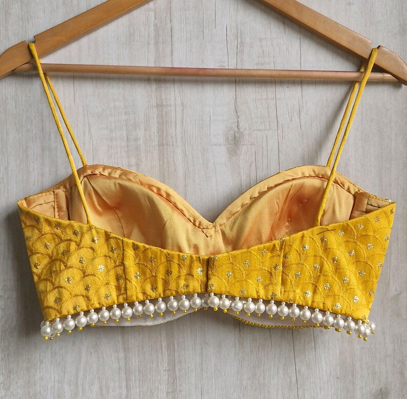 Mustard Embroidered Silk Saree Blouse, Pearl Fringes Spaghetti Bralette DVBL_494