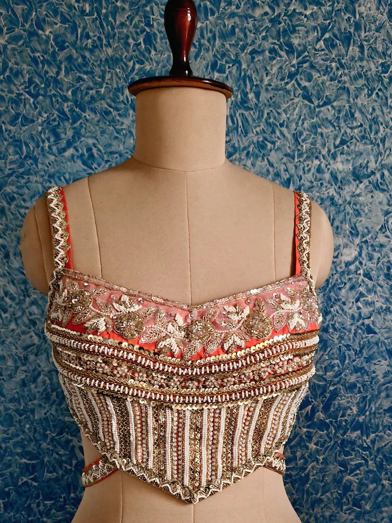 Hand Embroidered Coral Raw Silk Indian Saree Blouse, Sleeveless Backless DVBL_495