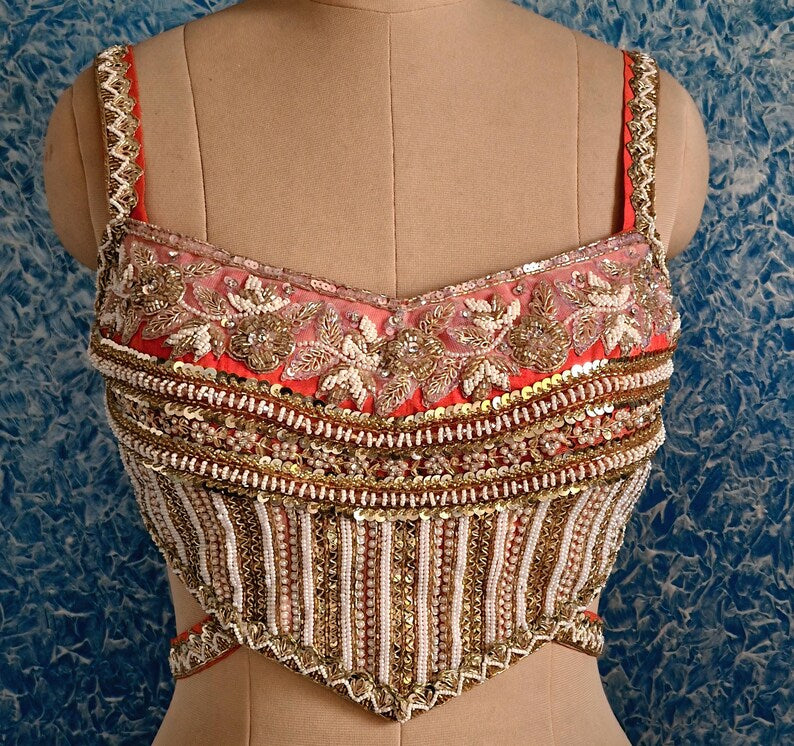 Hand Embroidered Coral Raw Silk Indian Saree Blouse, Sleeveless Backless DVBL_495