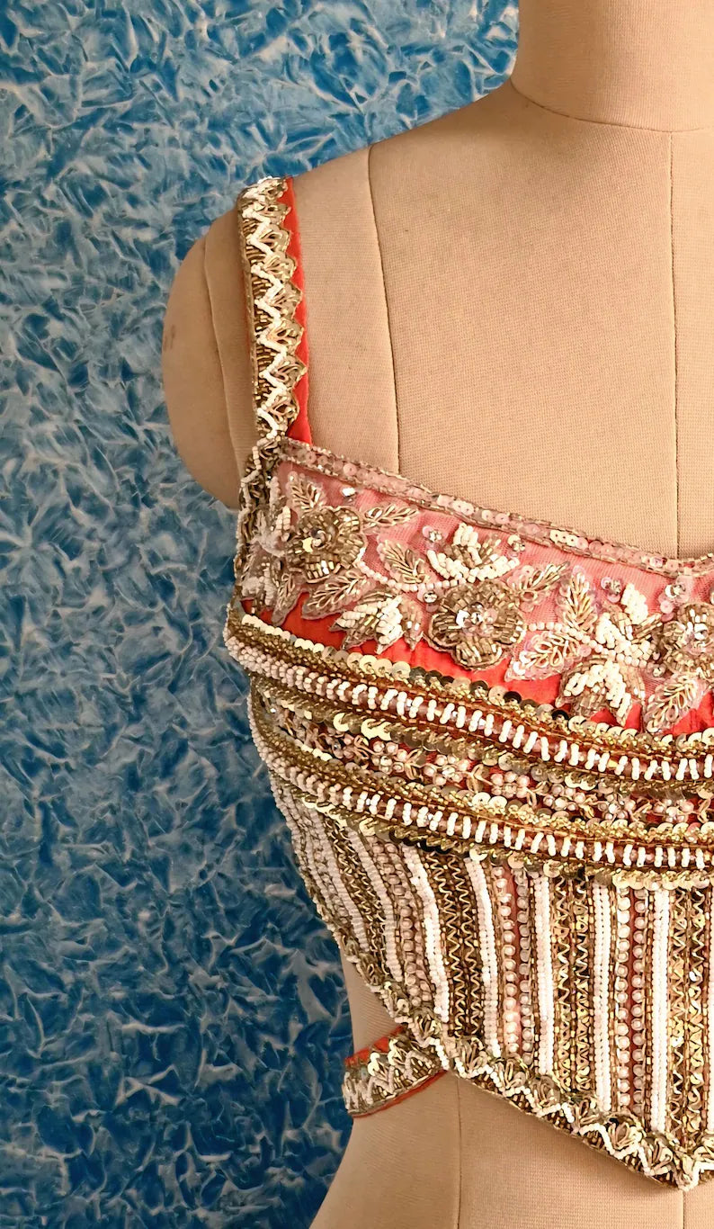Hand Embroidered Coral Raw Silk Indian Saree Blouse, Sleeveless Backless DVBL_495