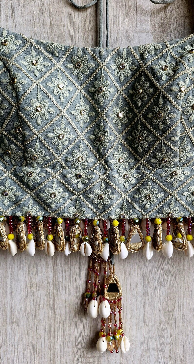 Sage Grey Embroidered Georgette Saree Blouse, Beads Fringes, Cap Sleeves DVBL_493
