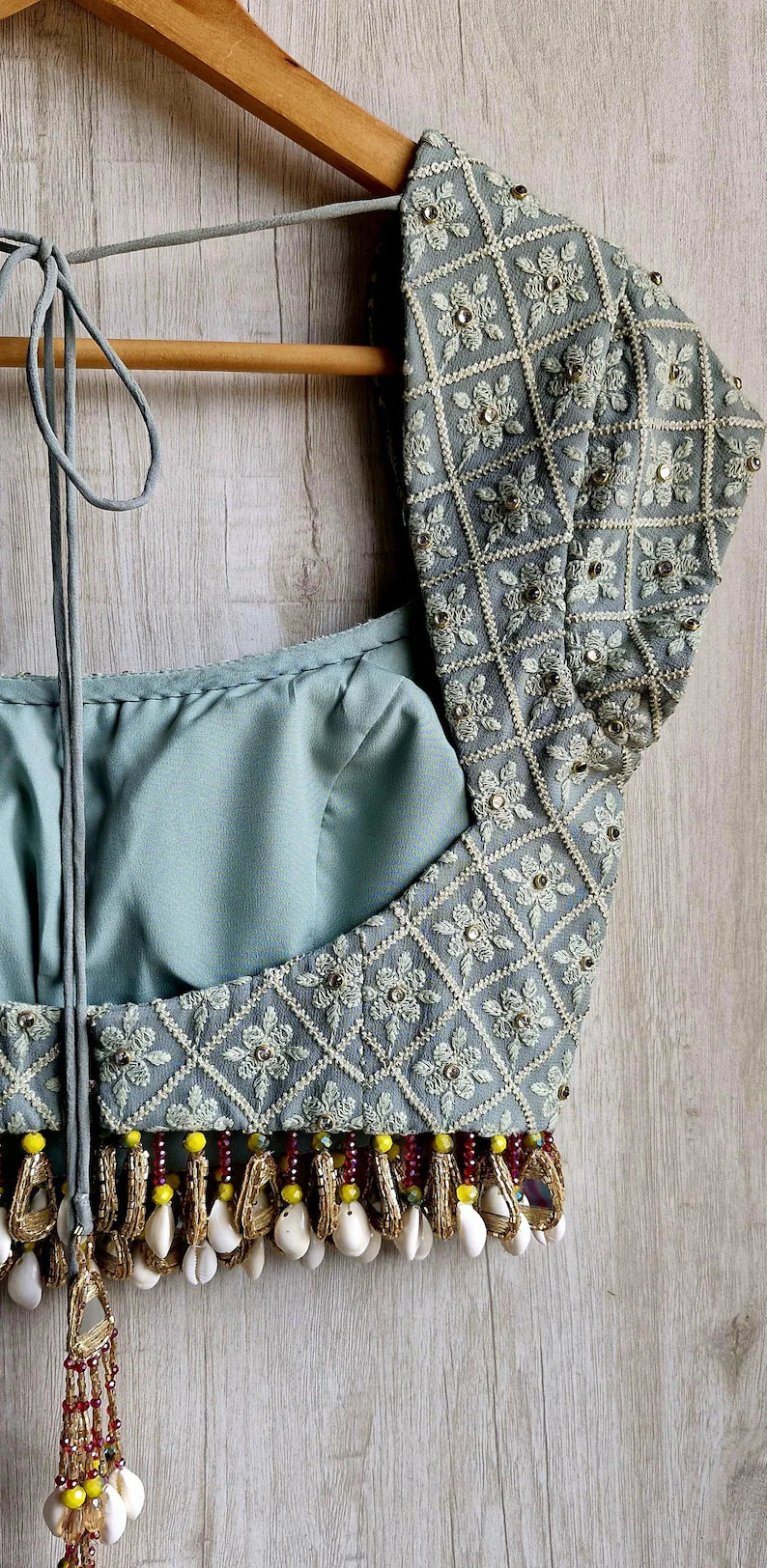 Sage Grey Embroidered Georgette Saree Blouse, Beads Fringes, Cap Sleeves DVBL_493