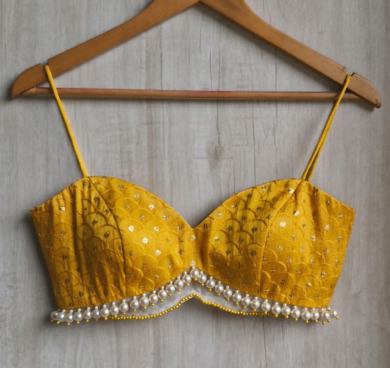 Mustard Embroidered Silk Saree Blouse, Pearl Fringes Spaghetti Bralette DVBL_494