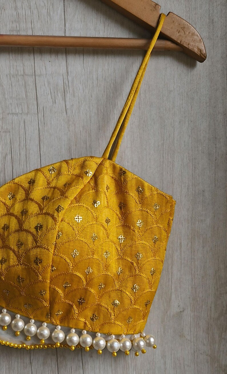Mustard Embroidered Silk Saree Blouse, Pearl Fringes Spaghetti Bralette DVBL_494