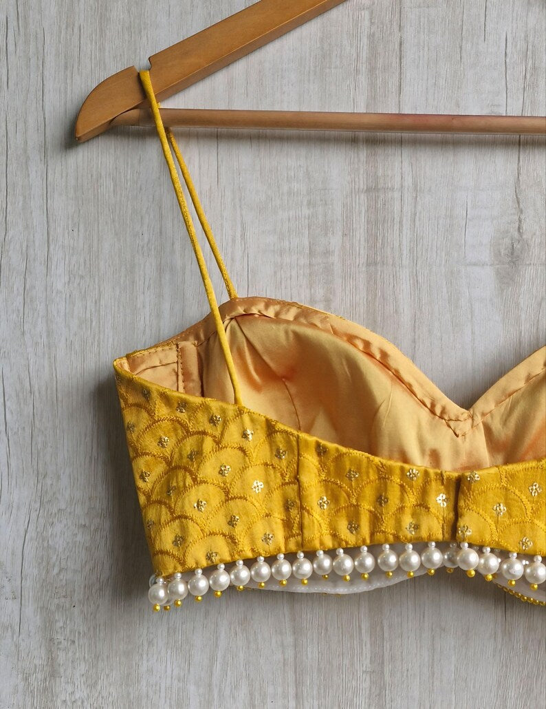 Mustard Embroidered Silk Saree Blouse, Pearl Fringes Spaghetti Bralette DVBL_494