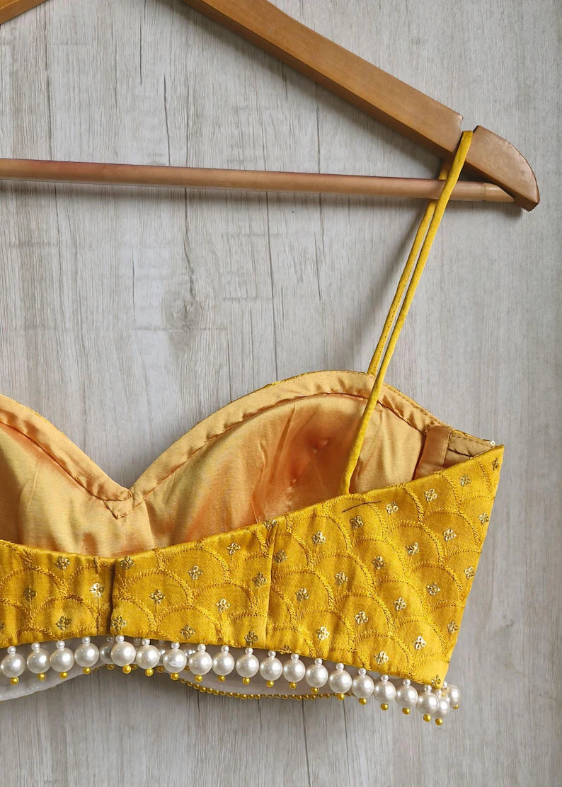 Mustard Embroidered Silk Saree Blouse, Pearl Fringes Spaghetti Bralette DVBL_494
