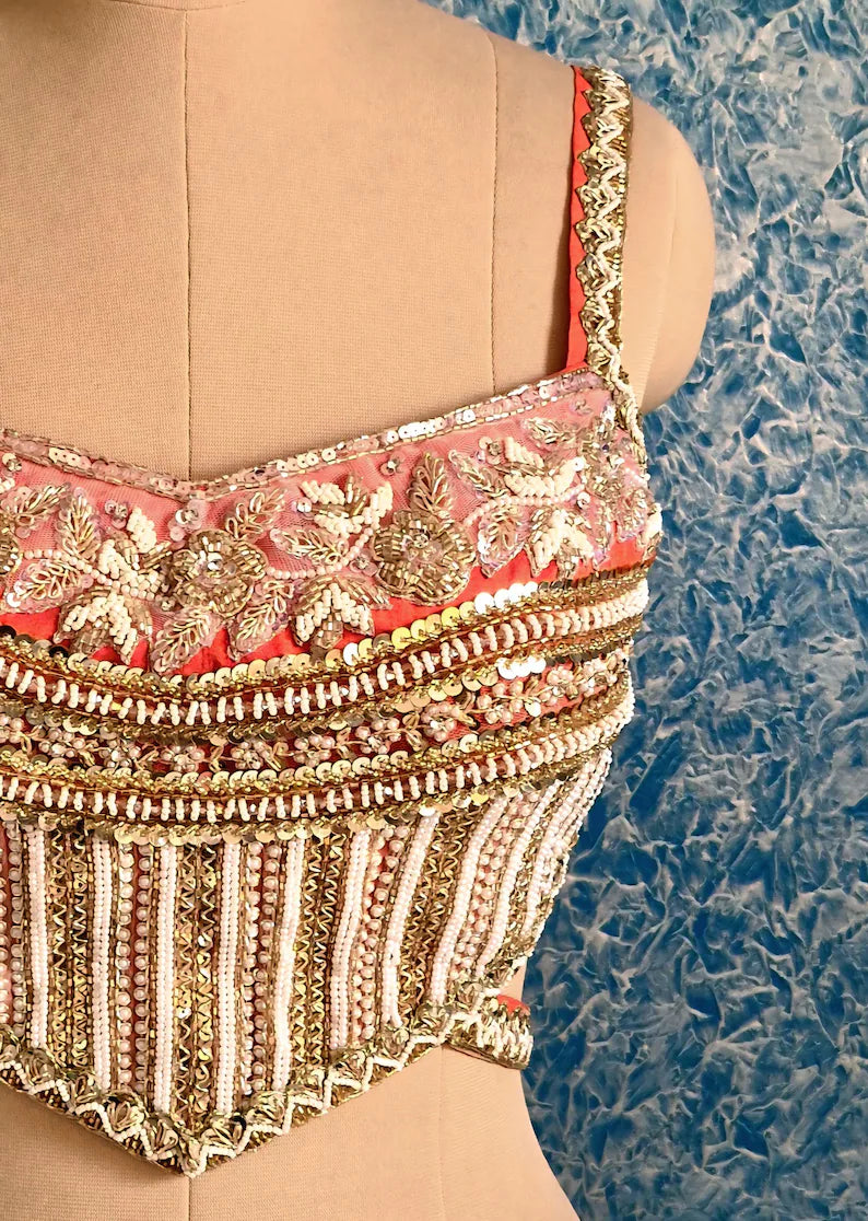 Hand Embroidered Coral Raw Silk Indian Saree Blouse, Sleeveless Backless DVBL_495