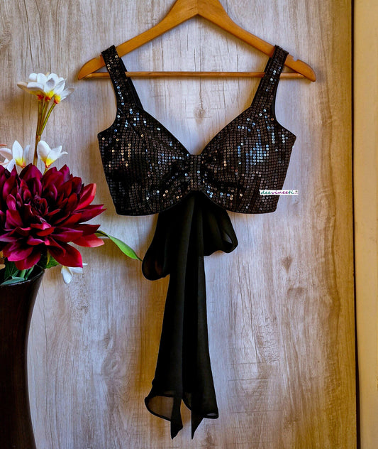 Black Sequins Embroidered Sweetheart Neck Tie Blouse DVBL_341