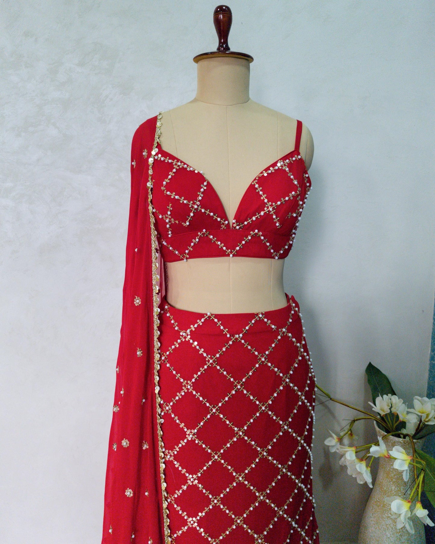 Red Slit Skirt Set, Contemporary Embroidered Georgette Co-ord DVMTD_0284