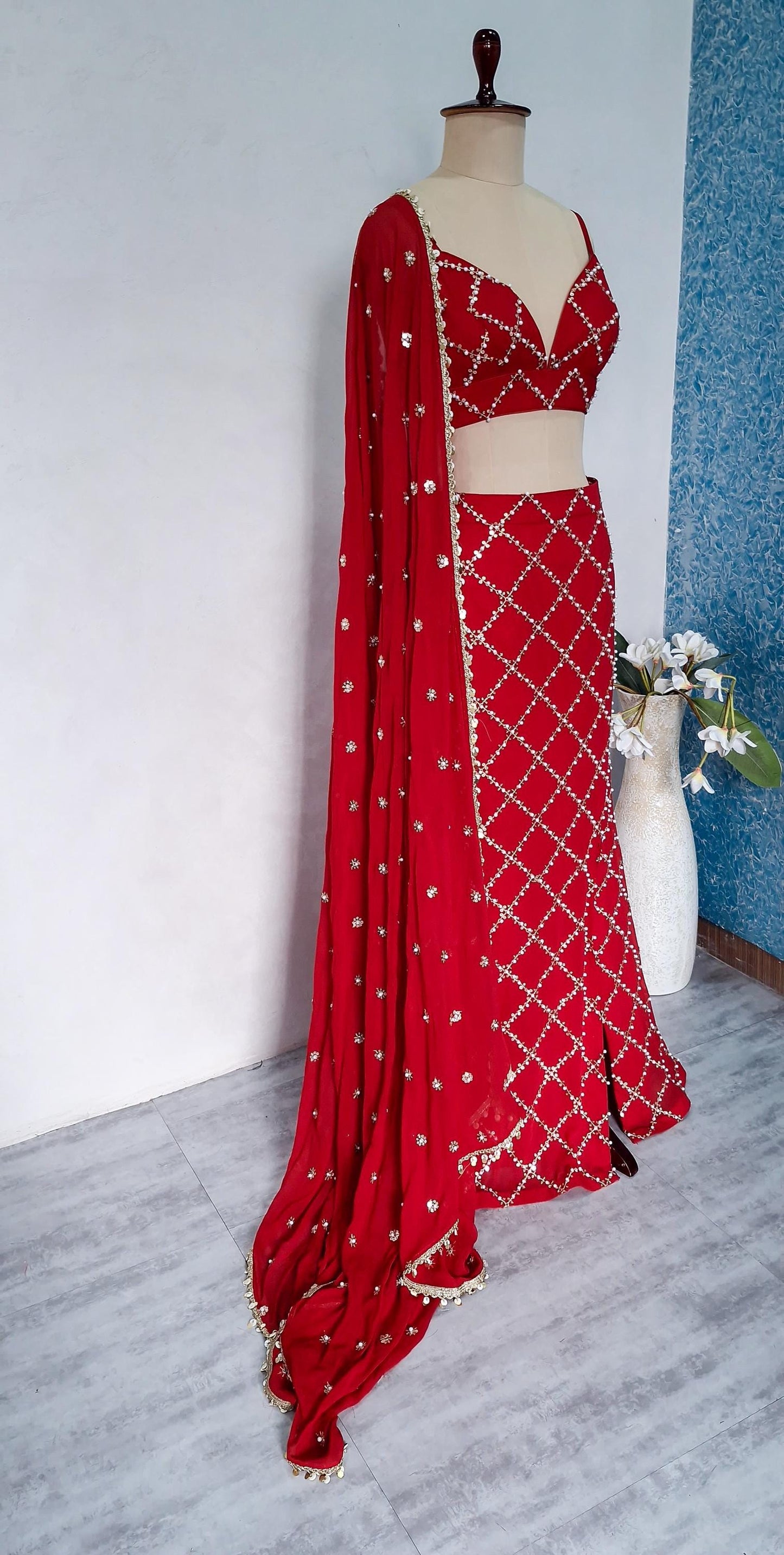 Red Slit Skirt Set, Contemporary Embroidered Georgette Co-ord DVMTD_0284