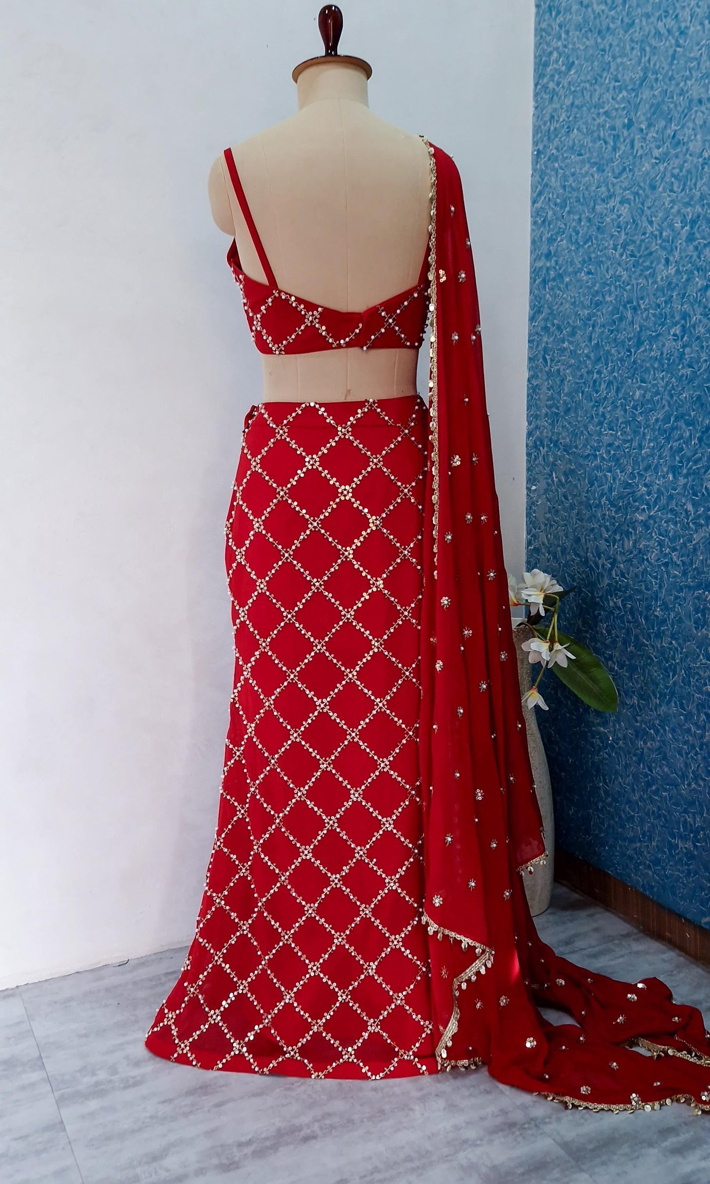 Red Slit Skirt Set, Contemporary Embroidered Georgette Co-ord DVMTD_0284