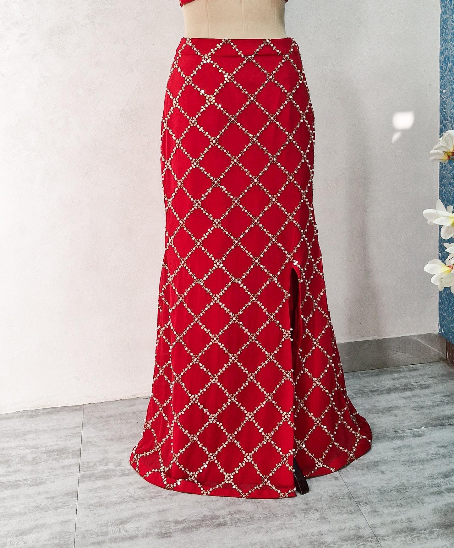 Red Slit Skirt Set, Contemporary Embroidered Georgette Co-ord DVMTD_0284