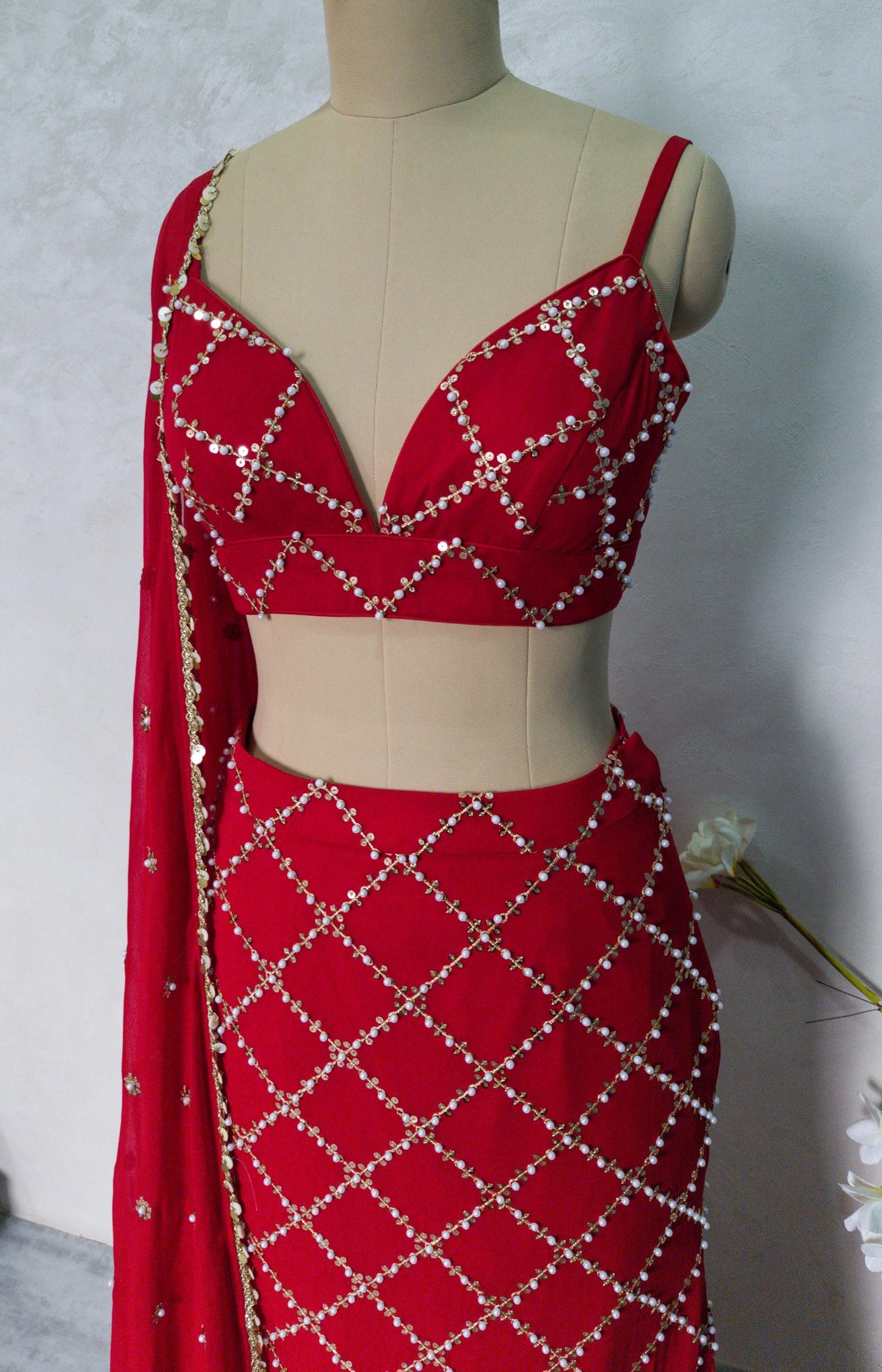 Red Slit Skirt Set, Contemporary Embroidered Georgette Co-ord DVMTD_0284