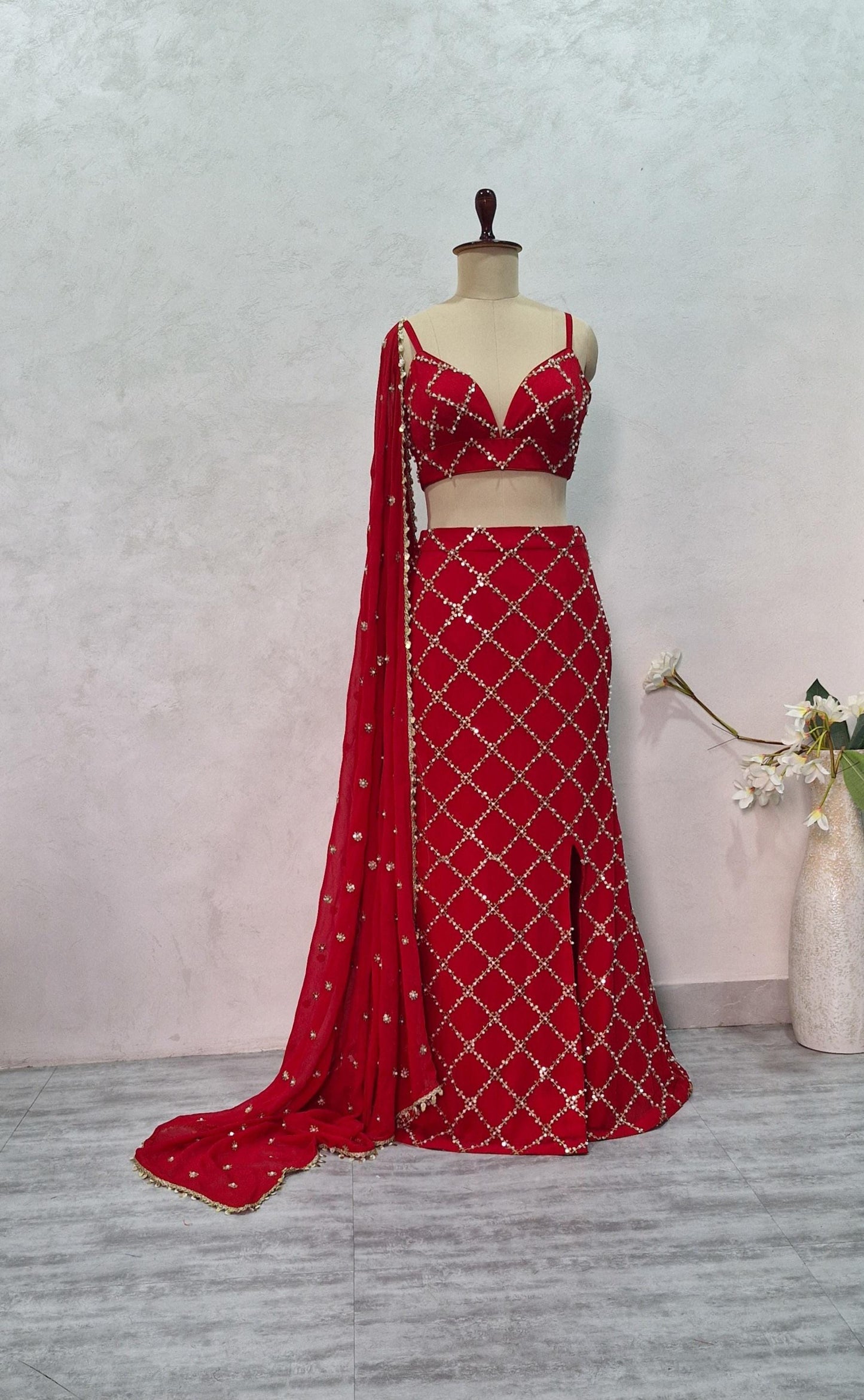 Red Slit Skirt Set, Contemporary Embroidered Georgette Co-ord DVMTD_0284