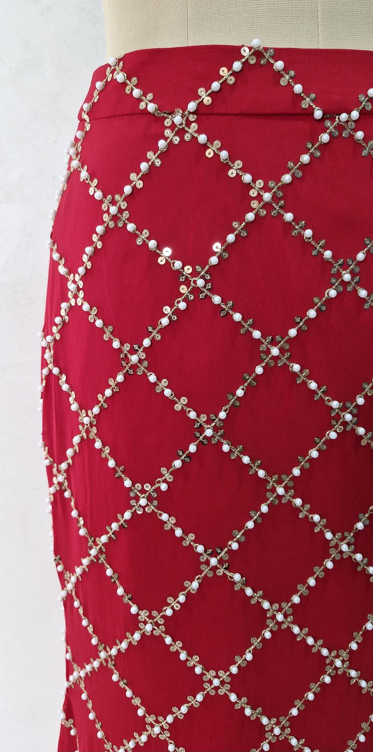 Red Slit Skirt Set, Contemporary Embroidered Georgette Co-ord DVMTD_0284