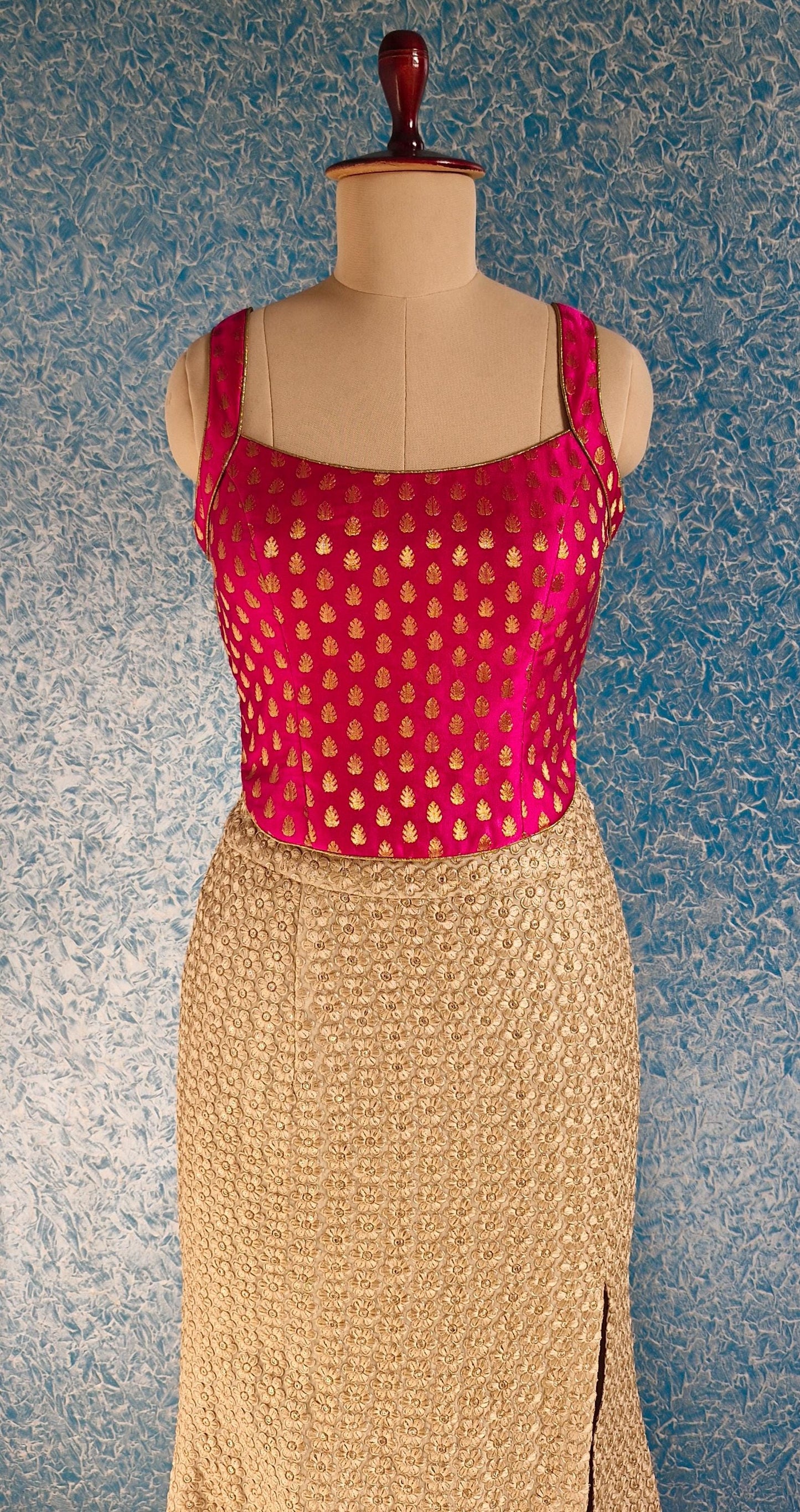 Pink Gold Brocade Silk Backless Corset Blouse DVCB_004