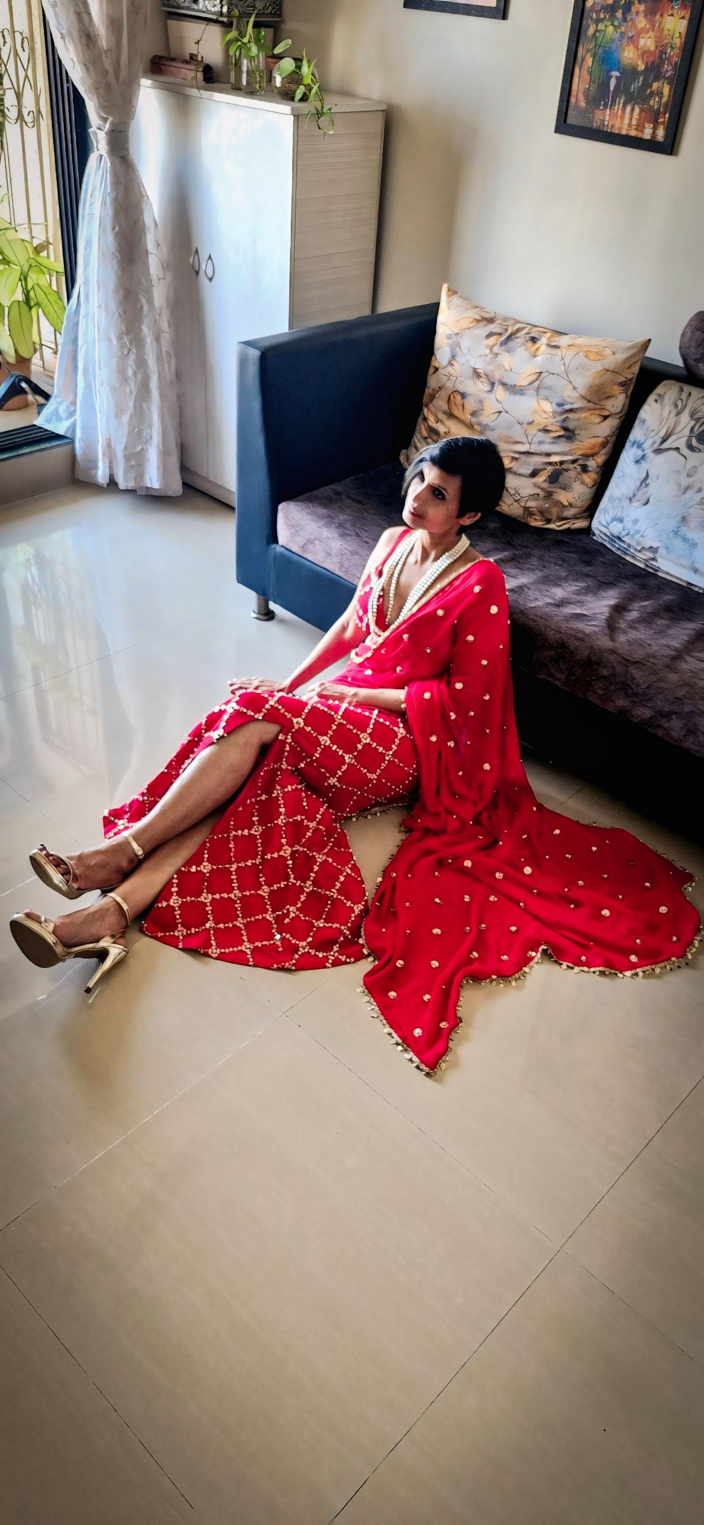 Red Slit Skirt Set, Contemporary Embroidered Georgette Co-ord DVMTD_0284