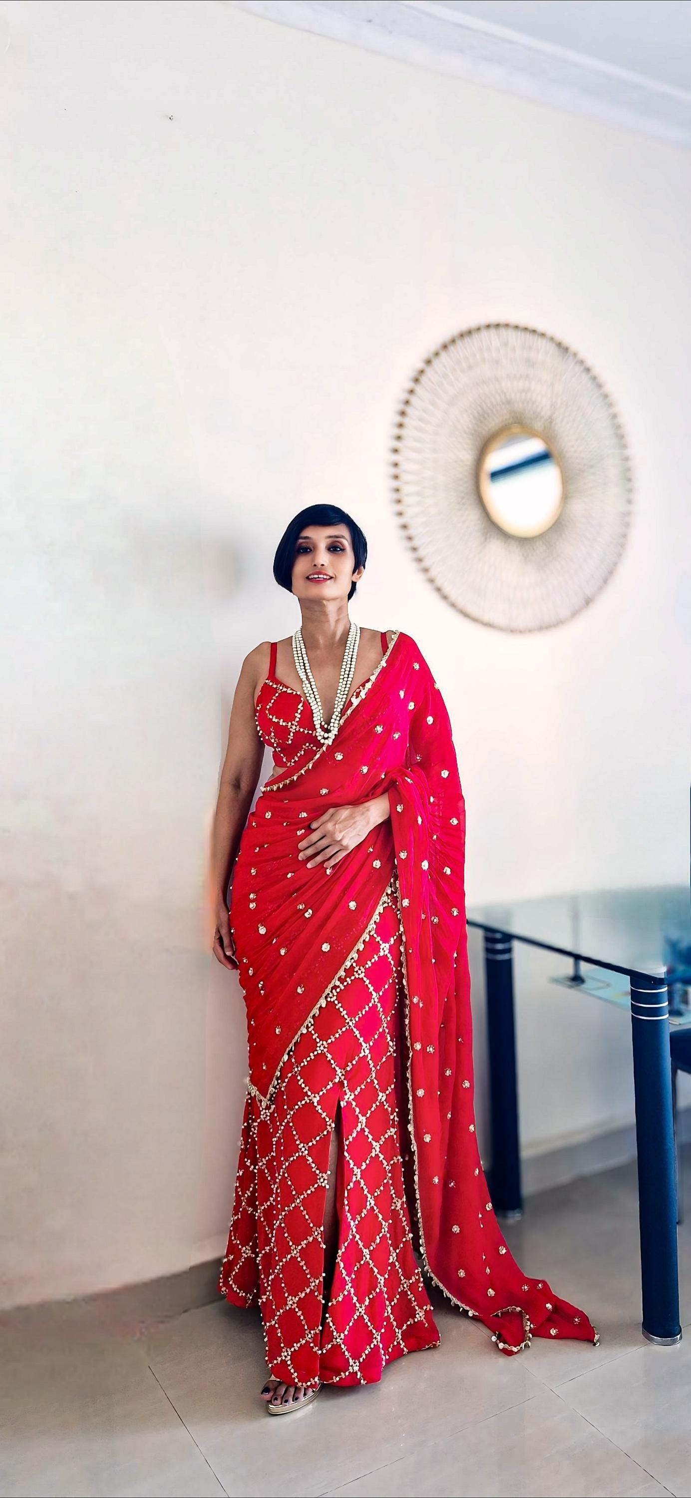 Red Slit Skirt Set, Contemporary Embroidered Georgette Co-ord DVMTD_0284