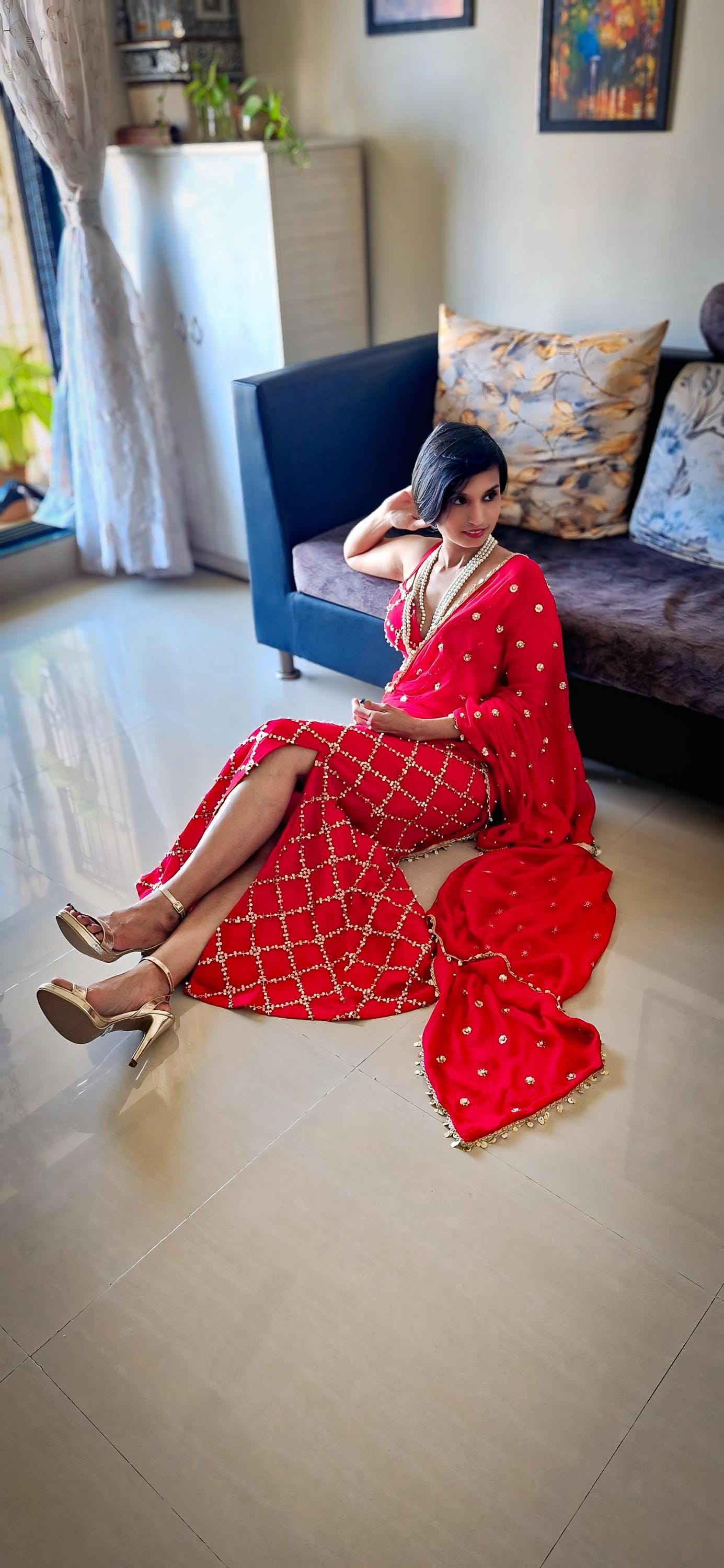 Red Slit Skirt Set, Contemporary Embroidered Georgette Co-ord DVMTD_0284
