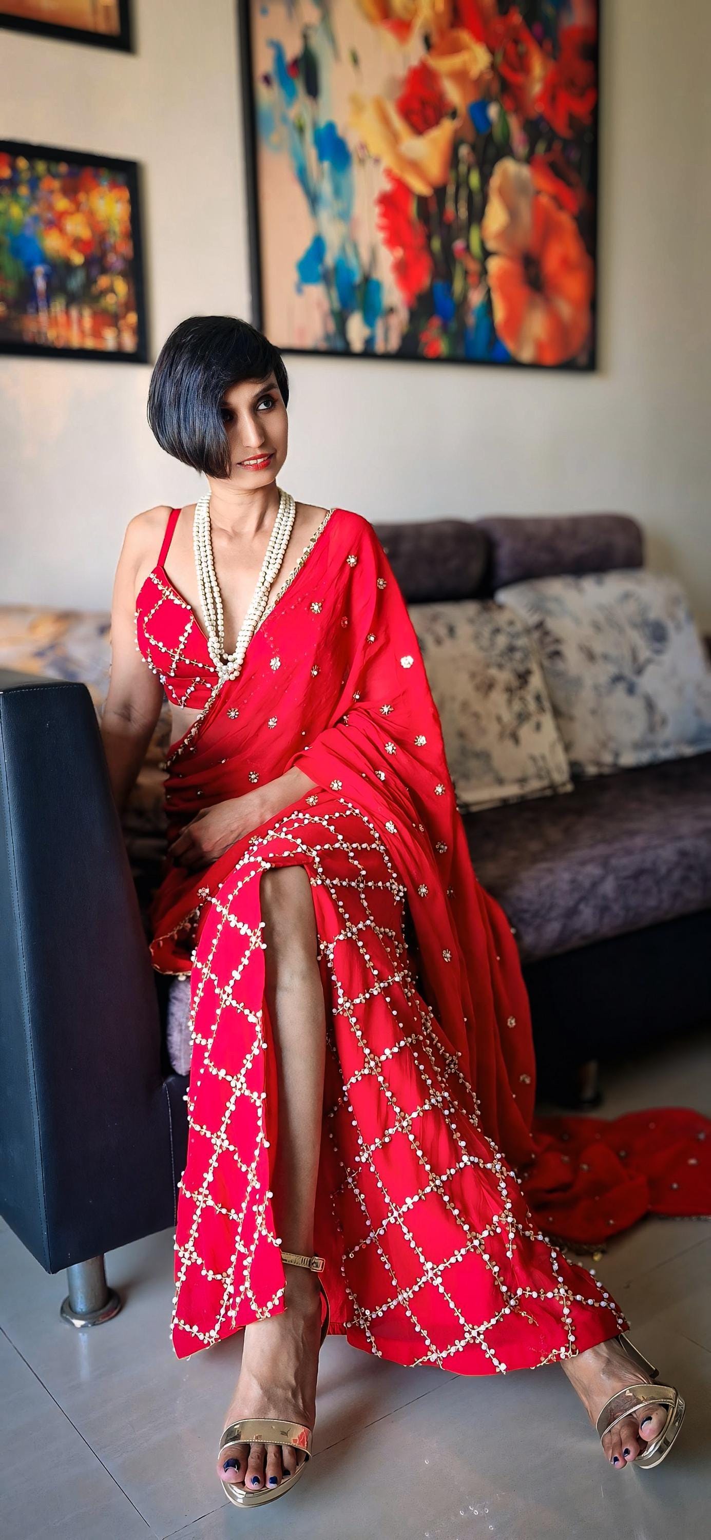 Red Slit Skirt Set, Contemporary Embroidered Georgette Co-ord DVMTD_0284