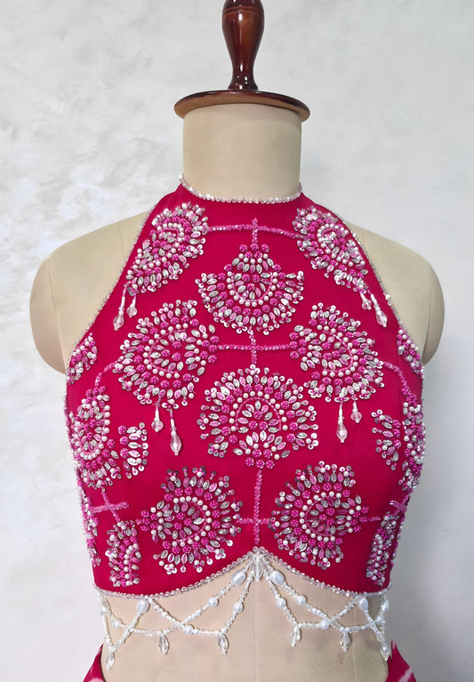 Beads & Sequins Hand Embroidered Rani Pink Georgette Blouse DVBL_463