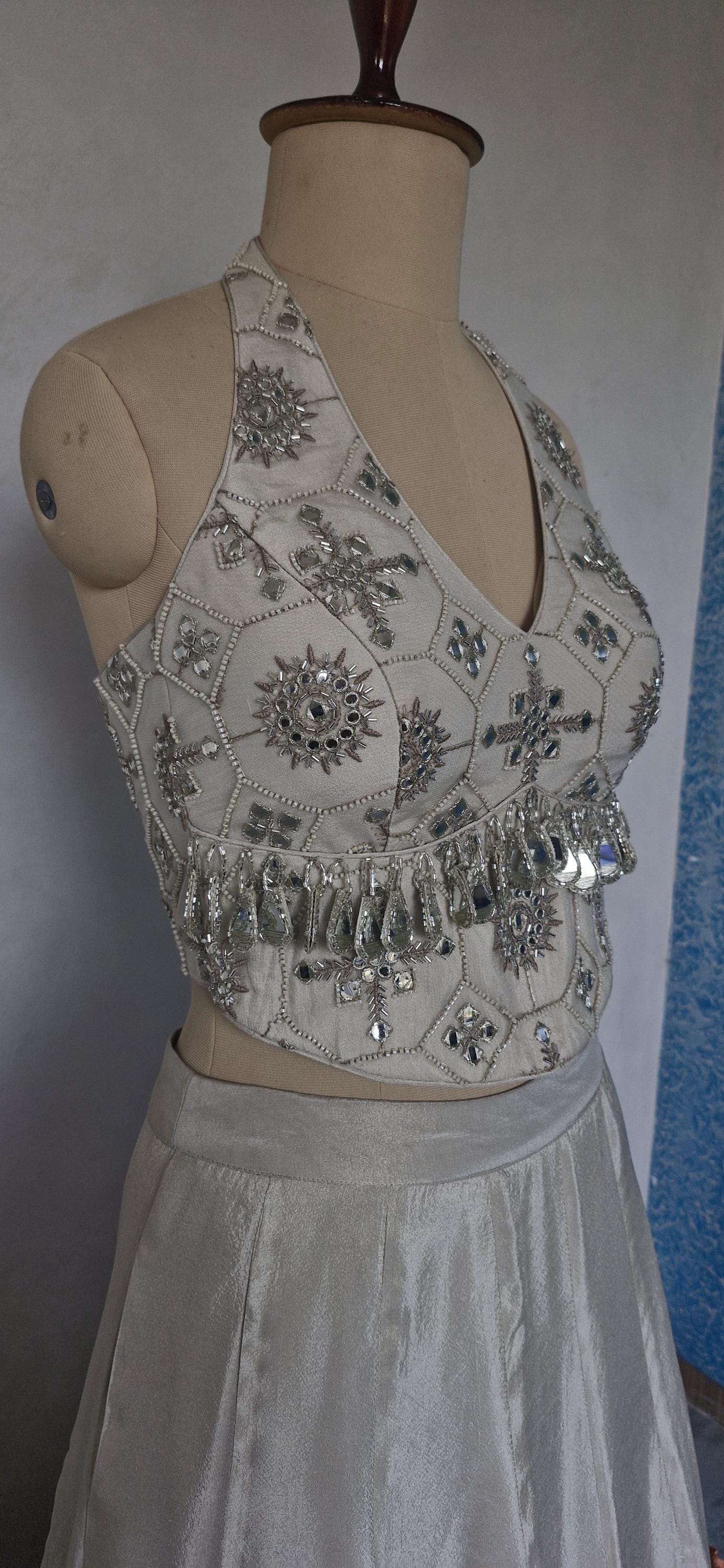 Embroidered Silver Net Corset Blouse DVCB_010