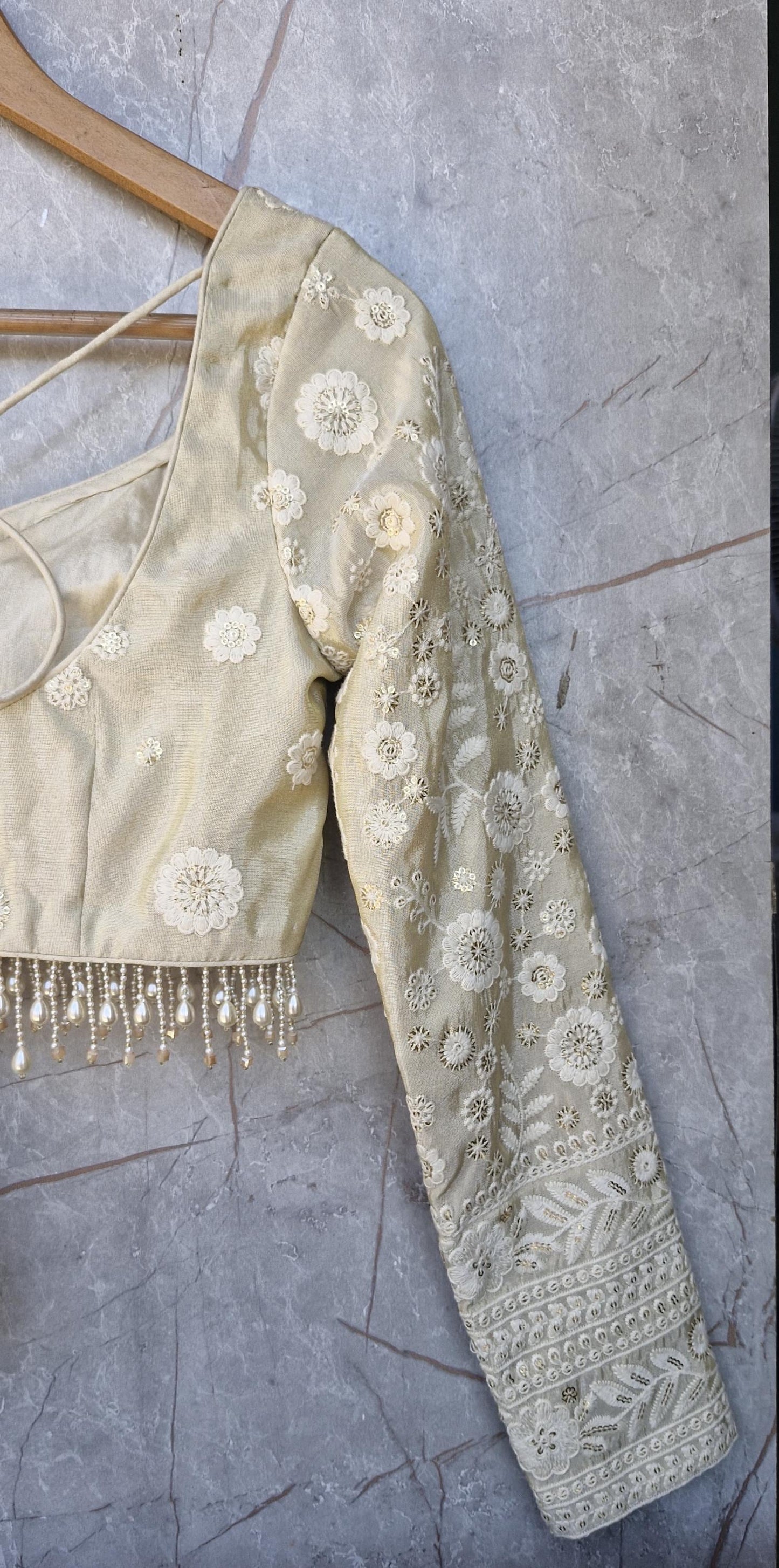 Cream Gold Embroidered Tissue Silk Blouse DVBL_472