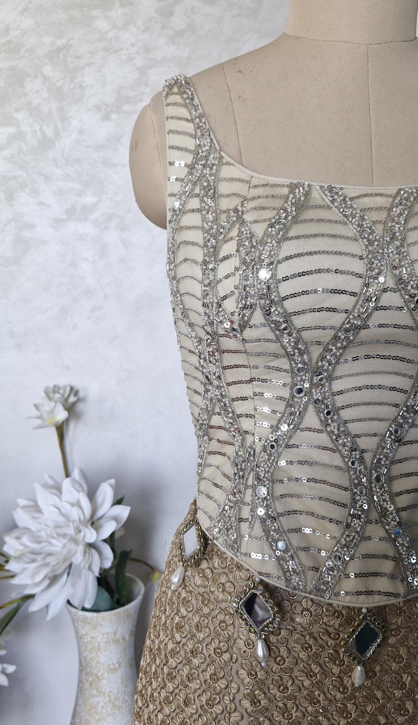 Embroidered Net Cream Gold Backless Corset Blouse DVCB_012