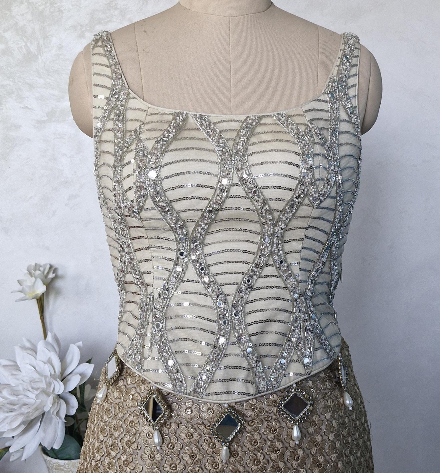 Embroidered Net Cream Gold Backless Corset Blouse DVCB_012