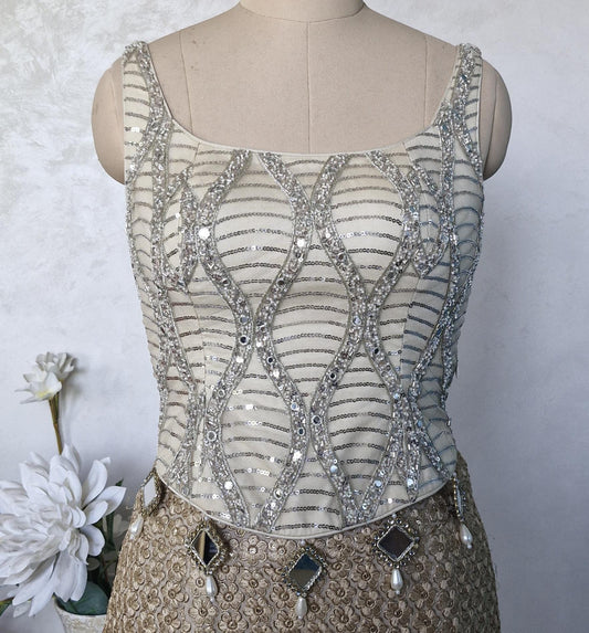 Embroidered Net Cream Gold Backless Corset Blouse DVCB_012