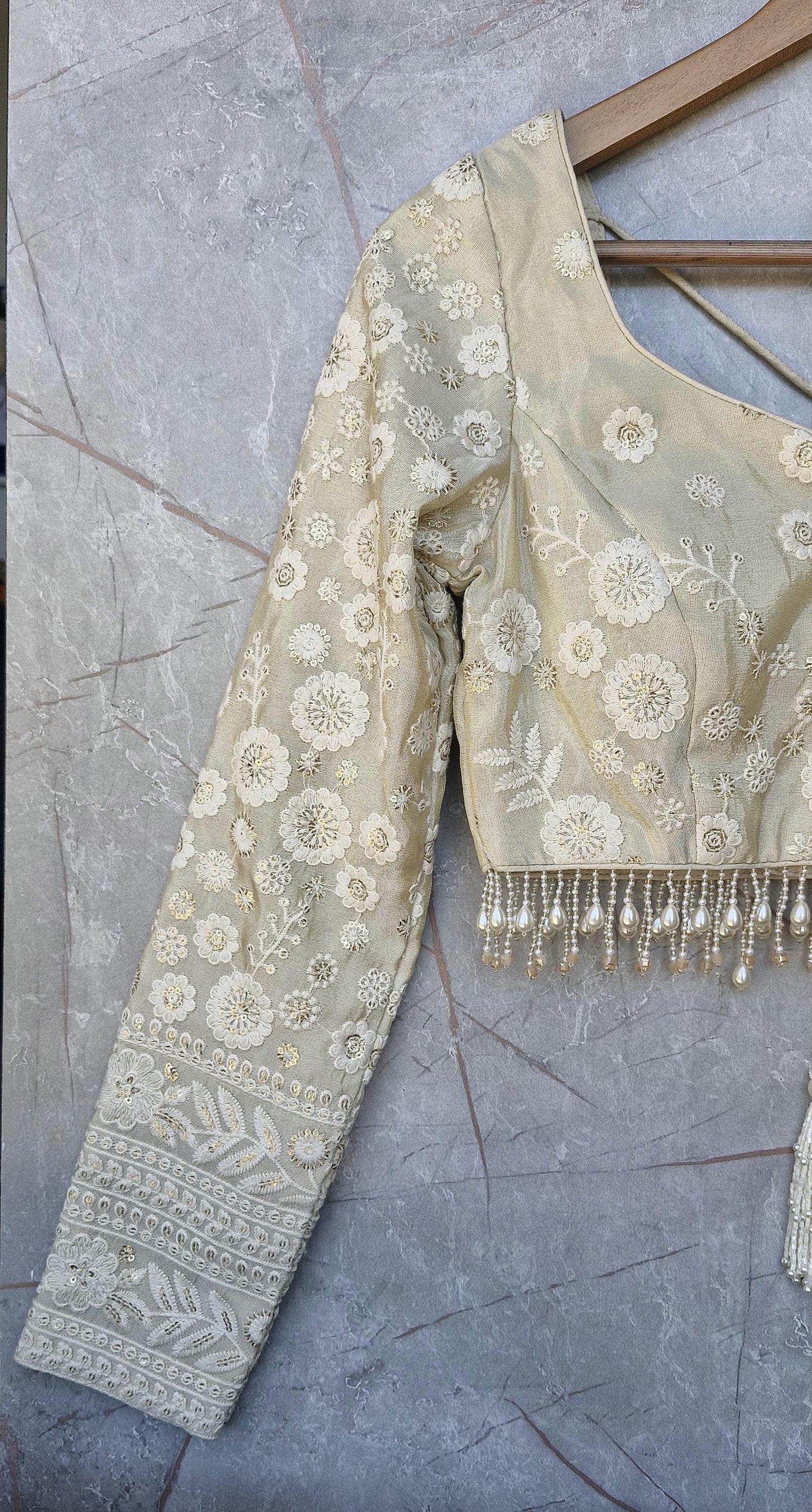 Cream Gold Embroidered Tissue Silk Blouse DVBL_472