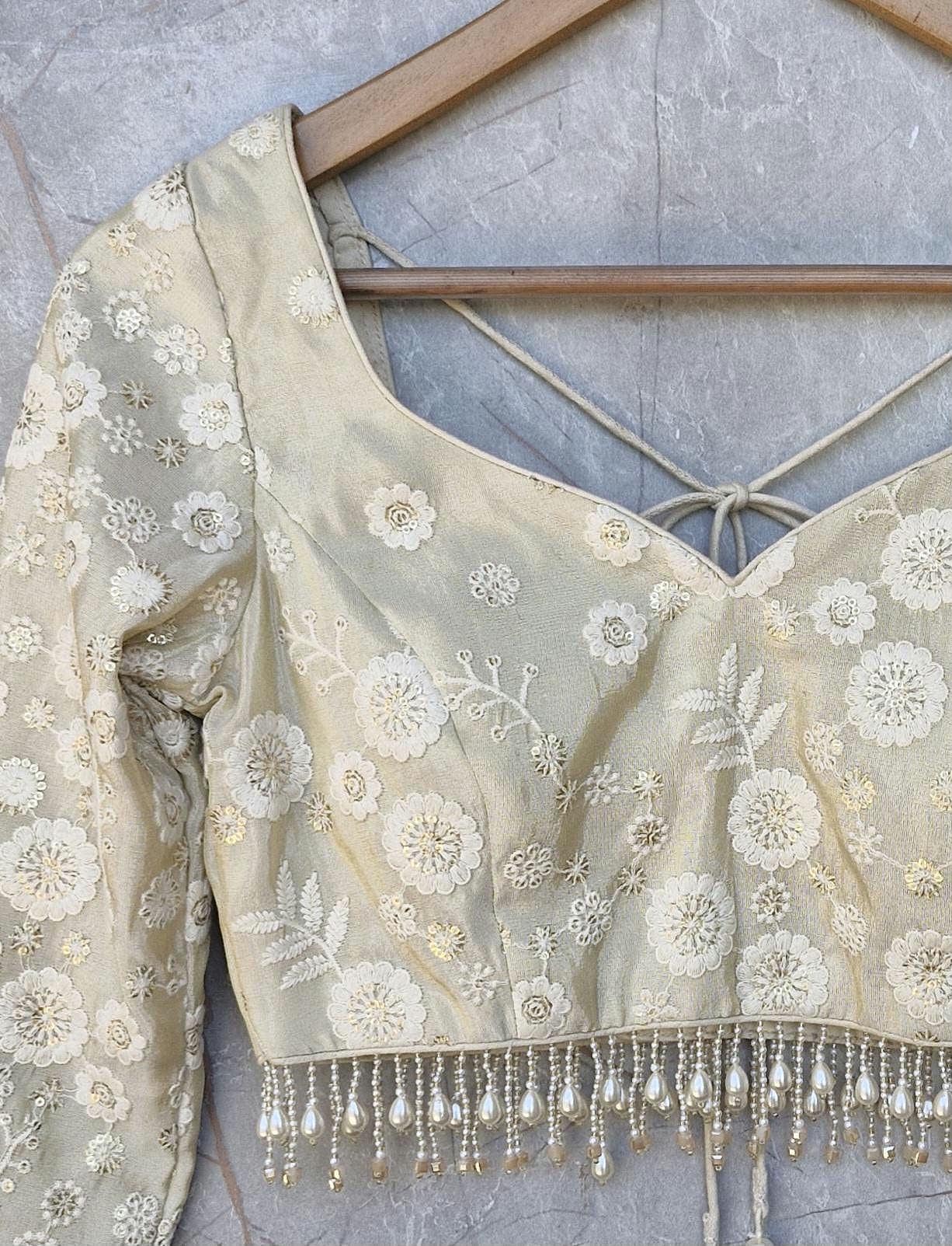 Cream Gold Embroidered Tissue Silk Blouse DVBL_472