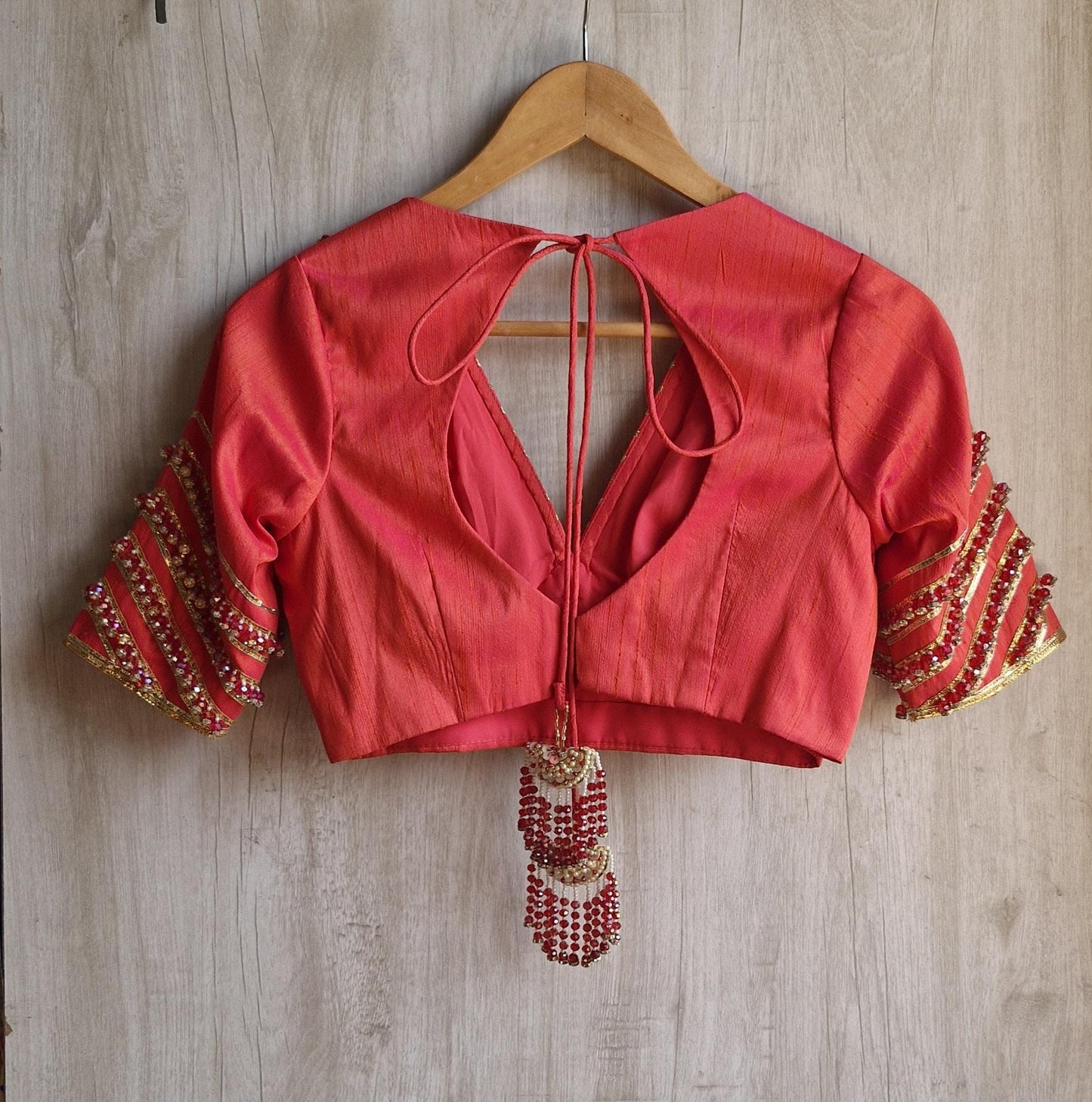 Hand Embroidered Saree Blouse, Coral Pink Silk, V Neck Elbow Sleeves DVBL_474